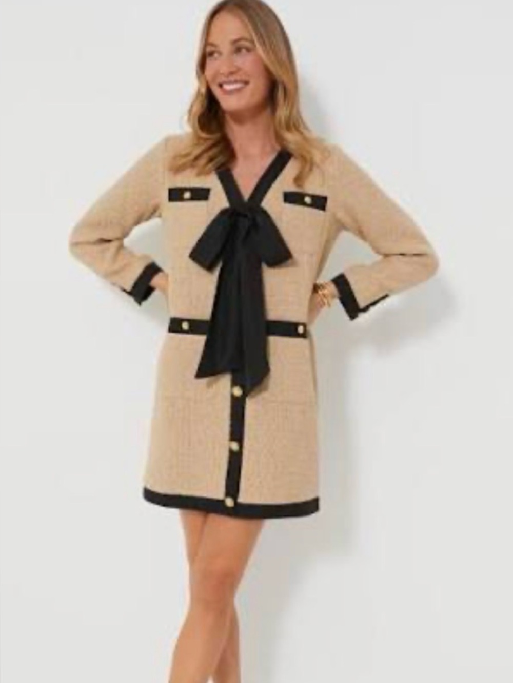 Pomander Place Beige Bouclé Coat with Black Trim and Tie